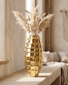 Origami Vase IV Medium - styled with dried pampas stems on a warm beige console in a cosy interior