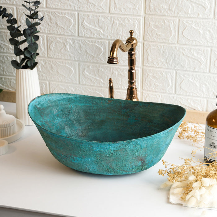 Handmade Green Copper Vessel Sink – Hammered Copper Bathroom Vanity Sink with Drain Cap