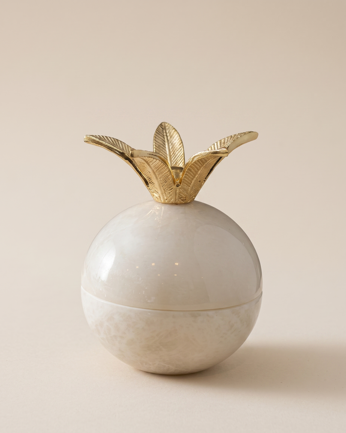 Palm Leaf Marble Bonbonnière with Brass Lid – Decorative Marble Trinket Box for Vanity