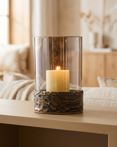 Molten Brass Glass Hurricane Candle Holder – Textured Brass Base