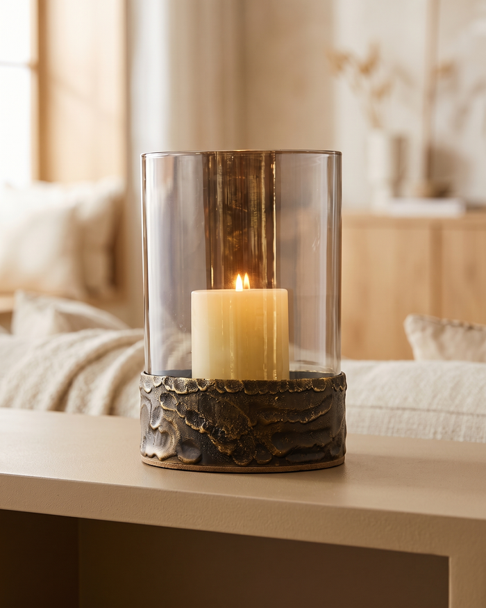 Molten Brass Glass Hurricane Candle Holder – Textured Brass Base