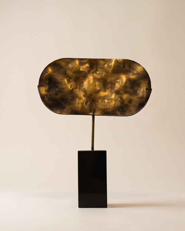 Modern Brass Plate Sculpture on Black Base, Contemporary Tabletop Accent