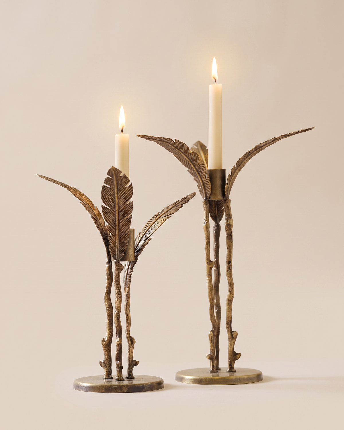 Pleated Candlestick Large - with lit candles, ivory studio background