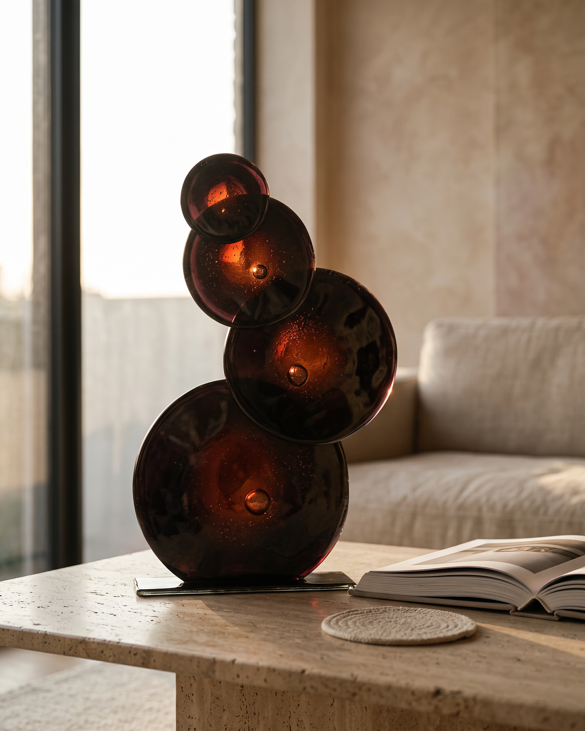 Quadruple glass bubble sculpture backlit on a travertine coffee table
