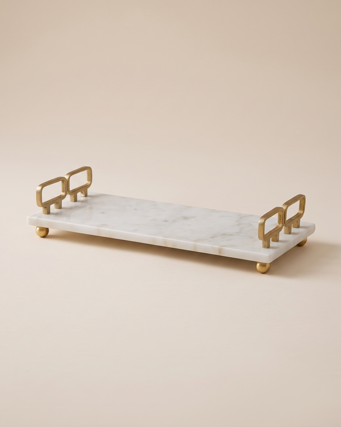 White Marble Tray with Square Gold Handles (One Piece)