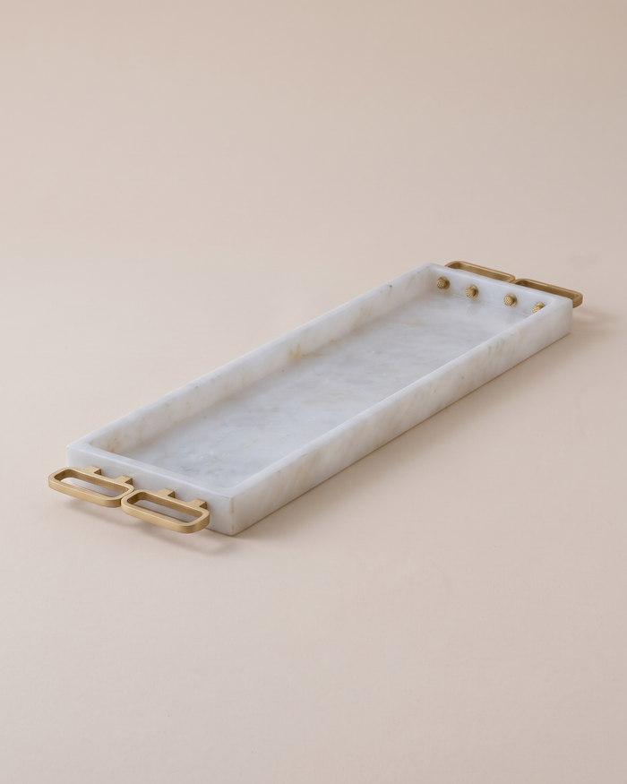 Long White Marble Tray with Gold Square Handles (One Piece)