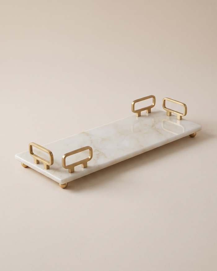 White Marble Tray with L-Shaped Gold Handles (One Piece)
