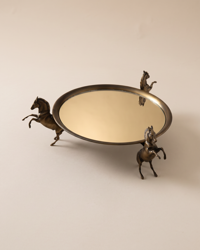 Mirrored Brass Tray with Three Horses (One Piece)