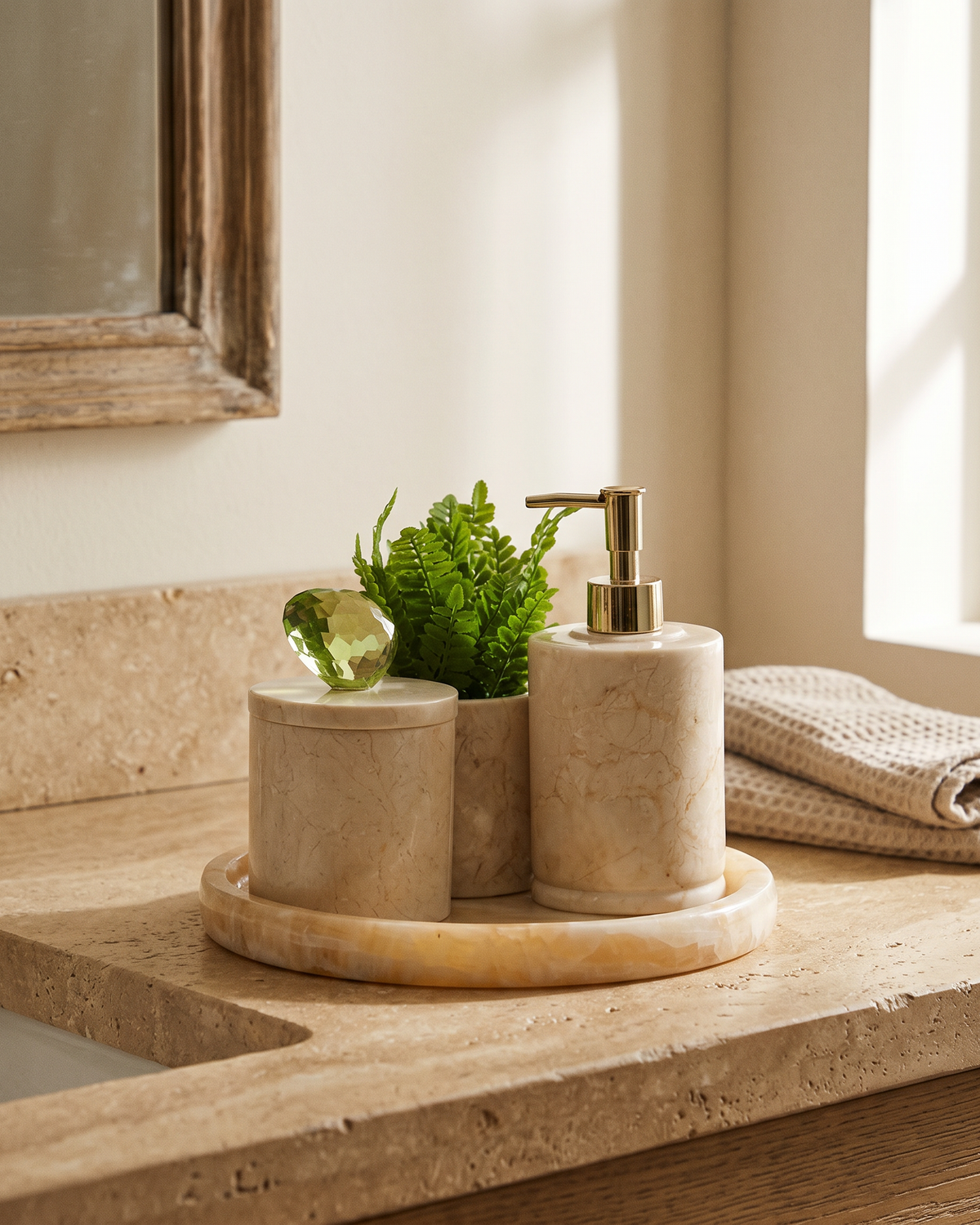 Round Beige Marble Bathroom Set with Crystal Knob (Set of 4) styled in a warm interior
