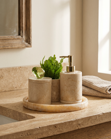 Round Beige Marble Bathroom Set with Crystal Knob (Set of 4) styled in a warm interior