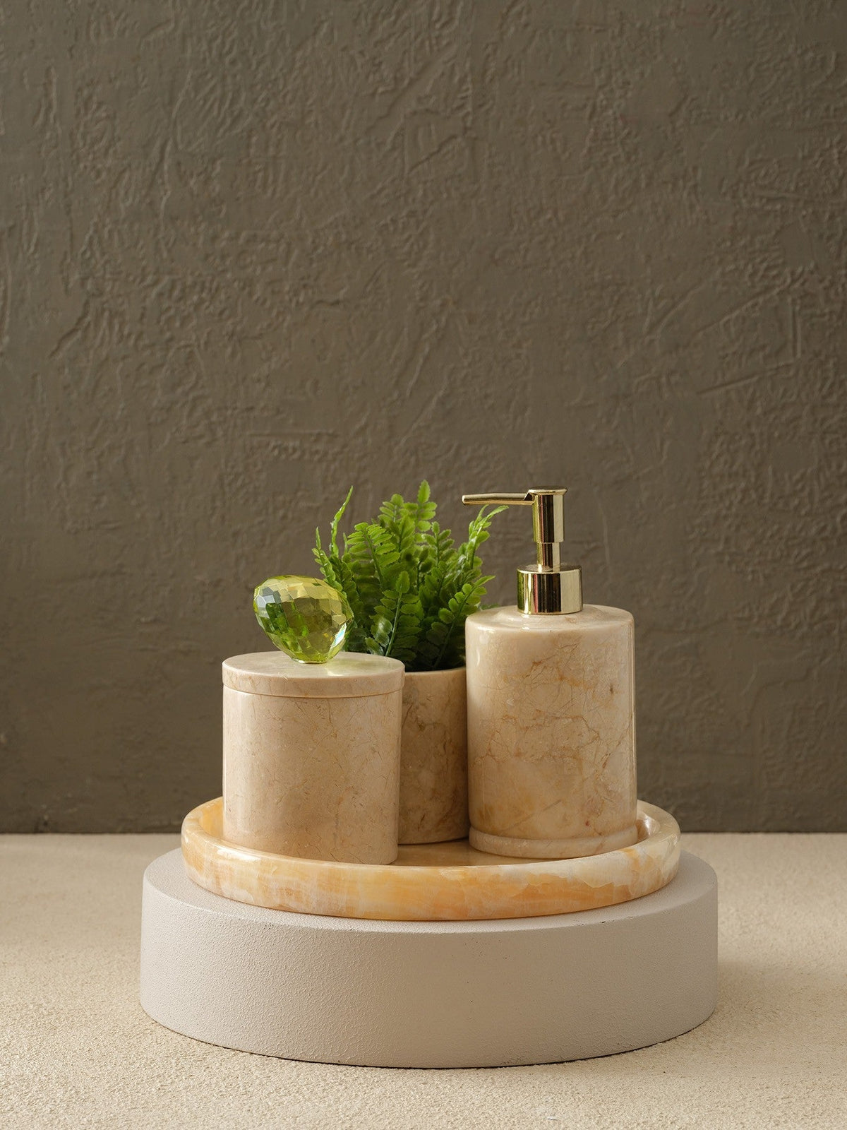 Round Marble And Crystal Bathroom Set & Beige Marble, Four - Pieces - Alfiq's Store