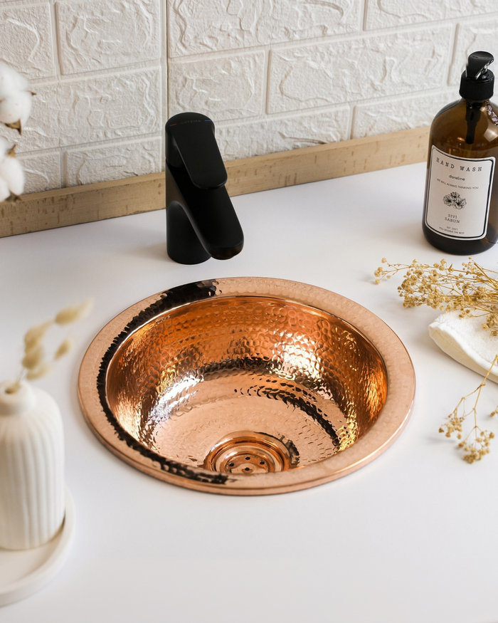 Round Solid Copper Kitchen & Bathroom Sink – Handmade Farmhouse Drop-In/Undermount