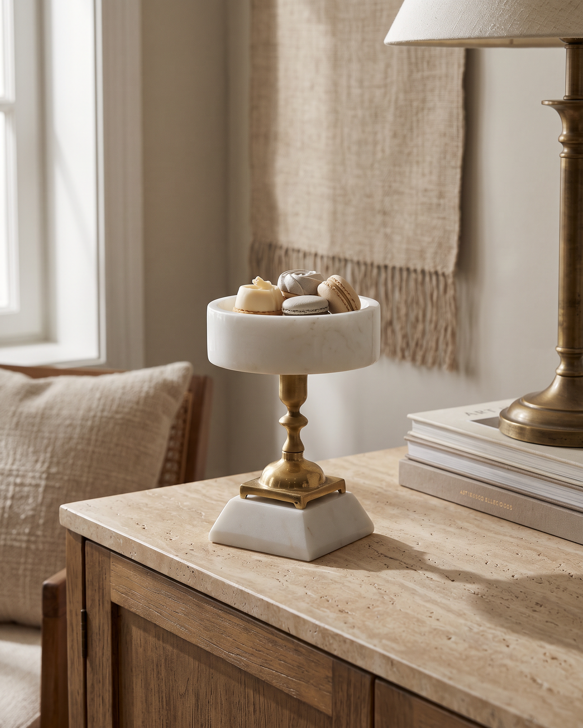 White Marble Serving Stand with Brass Pedestal (One Piece) styled in a warm interior
