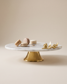 White Marble Serving Stand with Gold Pomegranate (One Piece) on a warm ivory studio background