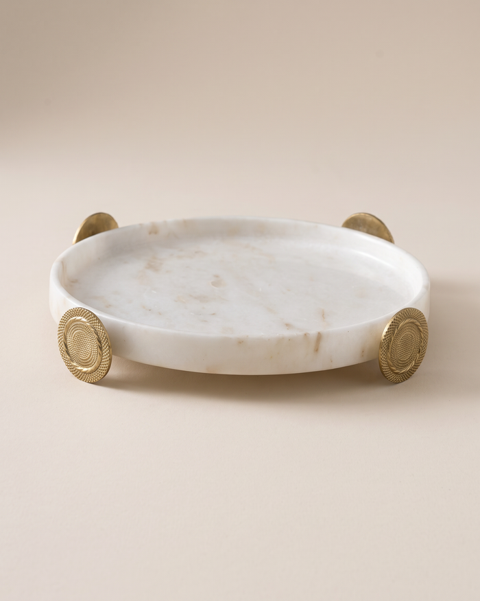 Round White Marble Tray with Embossed Gold Feet (One Piece)