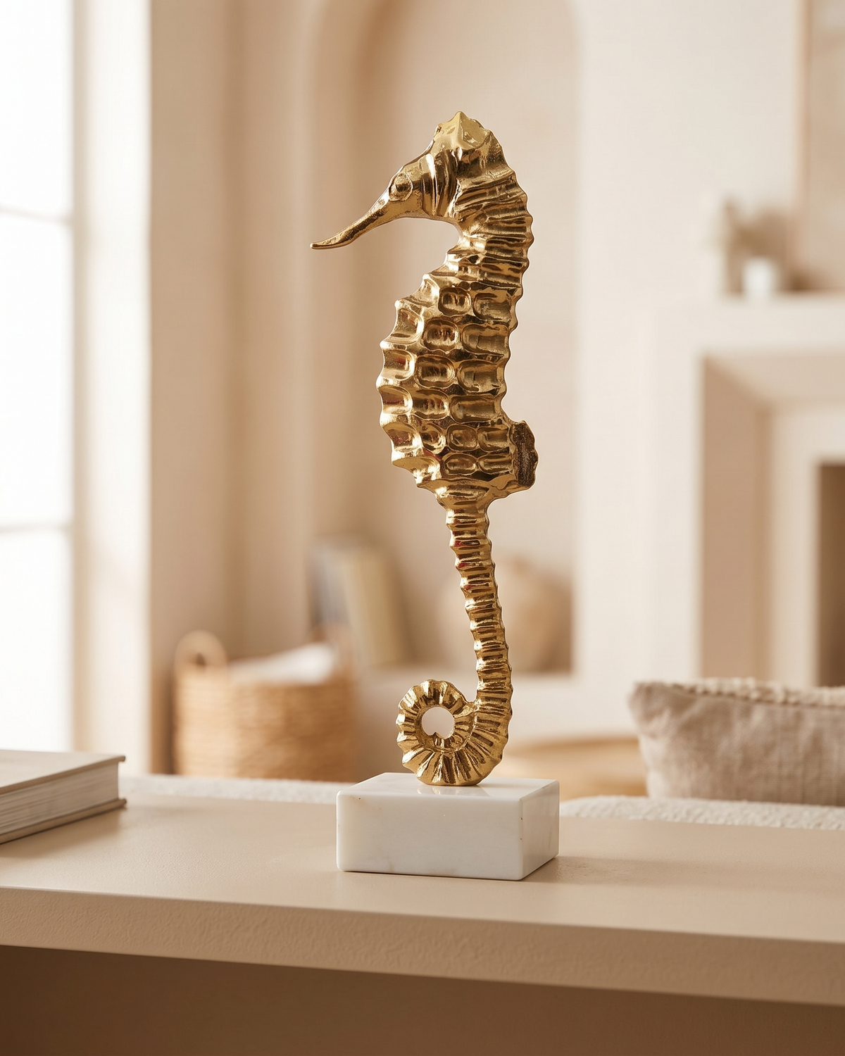 Seahorse Brass Decor - styled on a warm beige console in a cosy interior