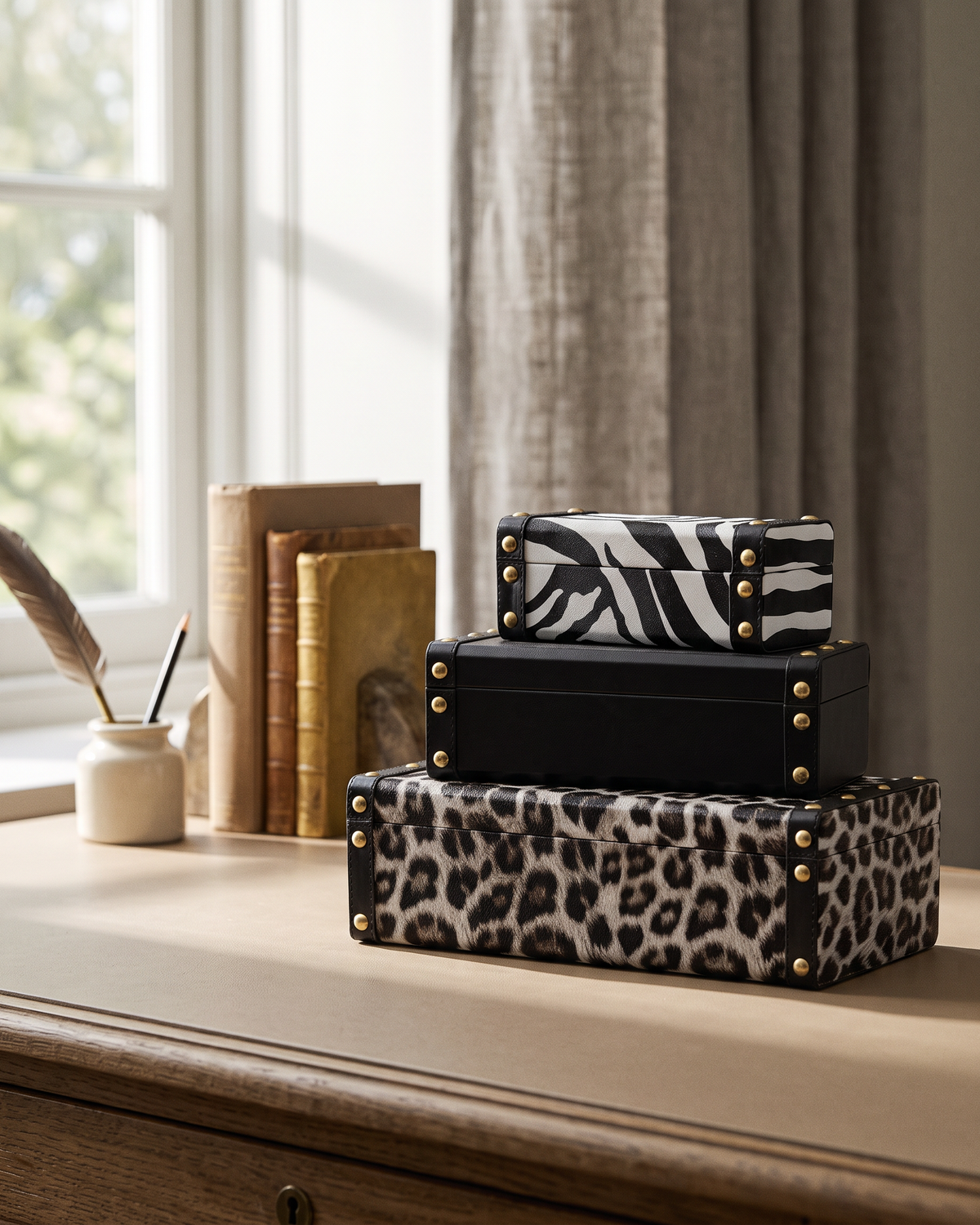 Studded Leather Boxes (Set of 3)