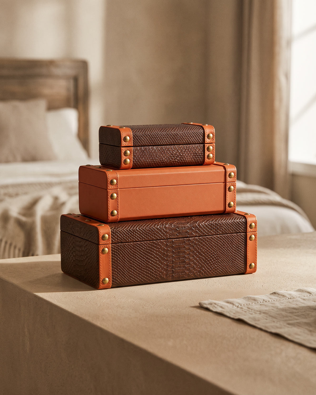 Studded Leather Boxes (Set of 3) styled in a warm interior