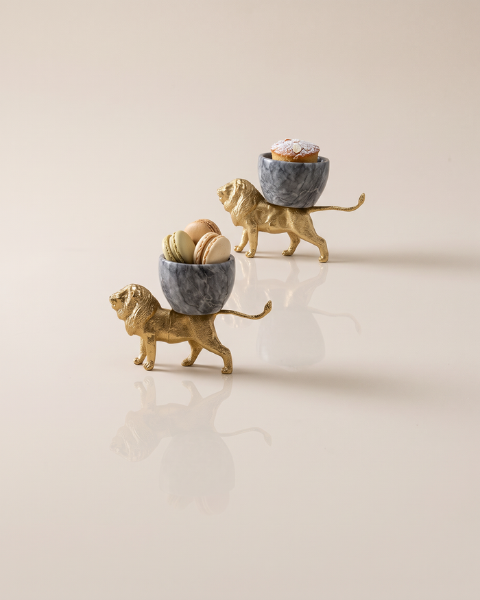 Gold Lion Holders with Grey Marble Cups (Set of 2)