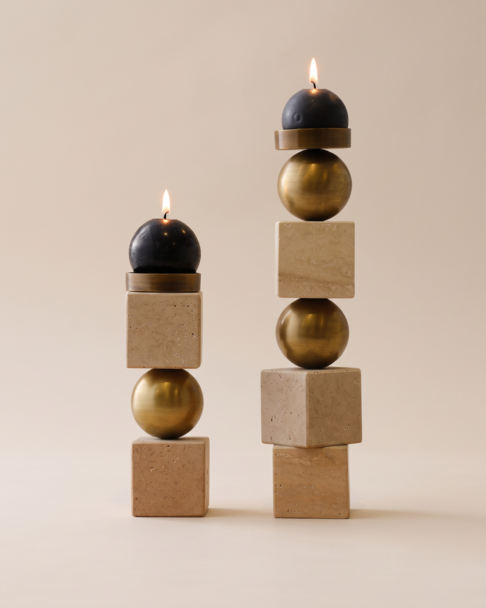 Stacked Travertine & Brass Sphere Candle Holders (Set of 2)