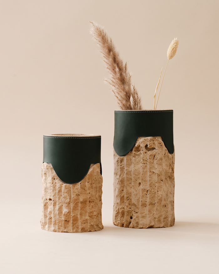 Leather-Wrapped Travertine Vases (Set of 2)