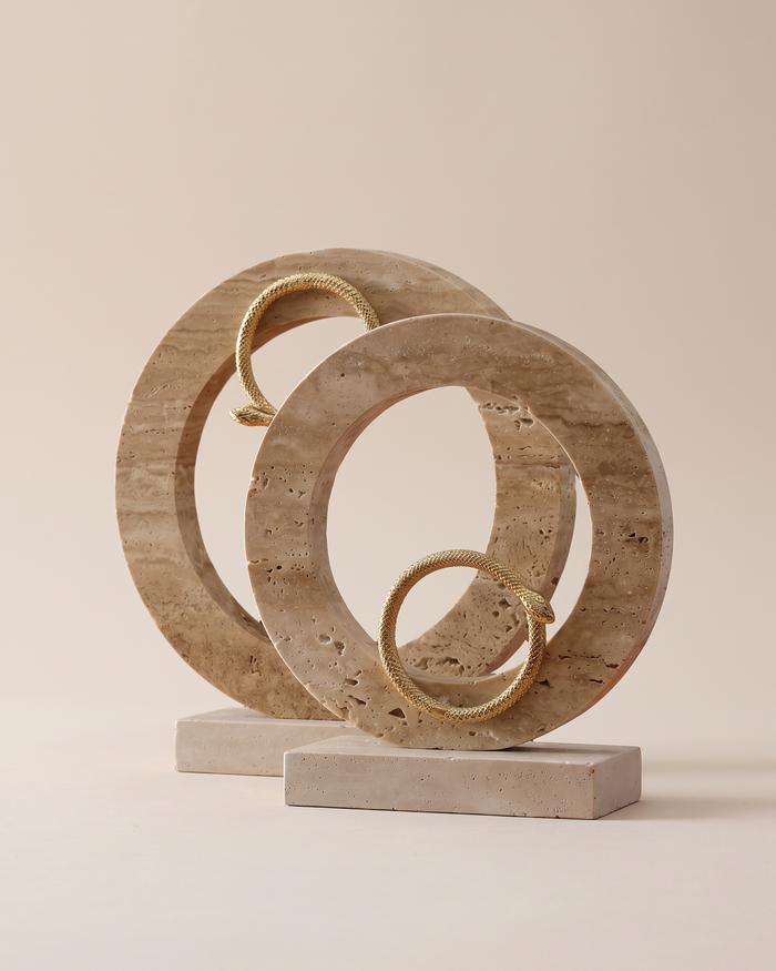Travertine Circle Sculptures with Brass Snake (Set of 2)