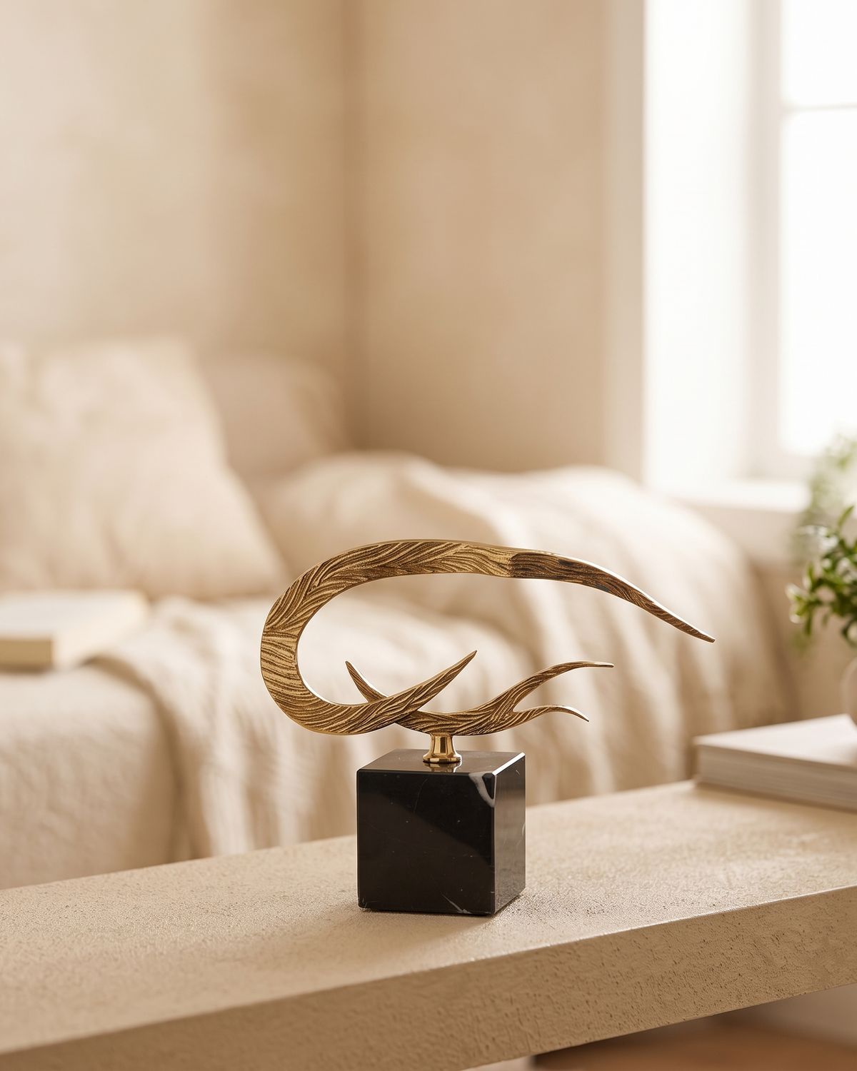 Side Flame Decorative Object - styled on a warm beige console in a cosy interior