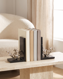 Silver Coral Bookends with Black Marble Base - styled on a travertine console holding plain books
