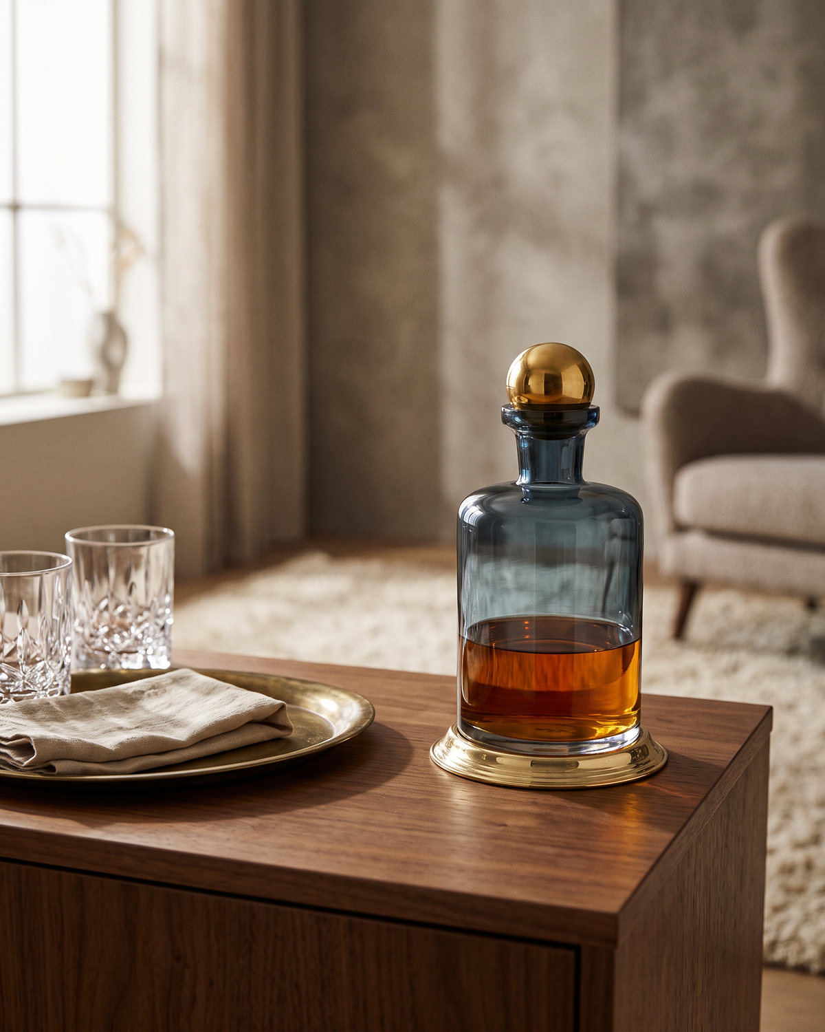 Glass Decanter with Brass Base & Sphere Lid (One Piece)