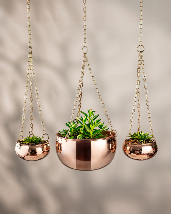 Solid Copper Hanging Planter Set Of 3 With Brass Chains