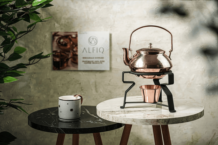 Handmade Solid Copper Tea Kettle with Iron Warmer Stand, 1.6 qt