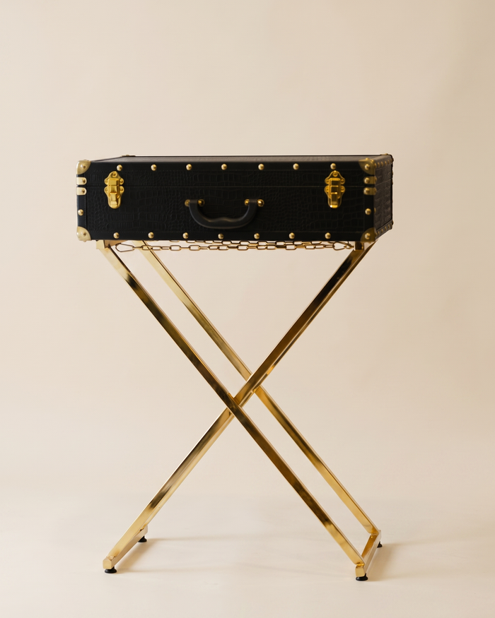 Standing Trunk Table with Brass Legs – Black & Gold