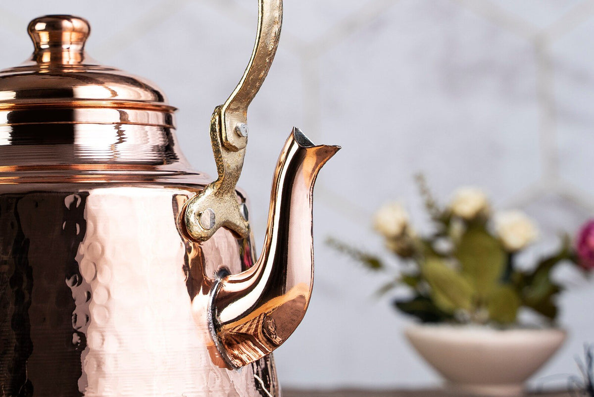 Hammered Solid Copper Teapot Stovetop with Wooden Handle – 1.6 Quart Shiny Finish Kettle - Alfiq's Store