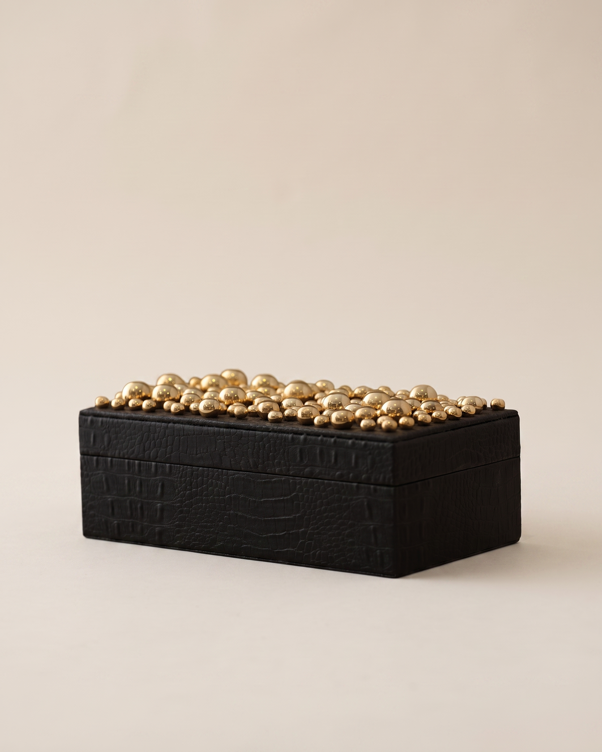 Textured Black Leather Box With Brass Bead Embellishment - studio view on ivory background