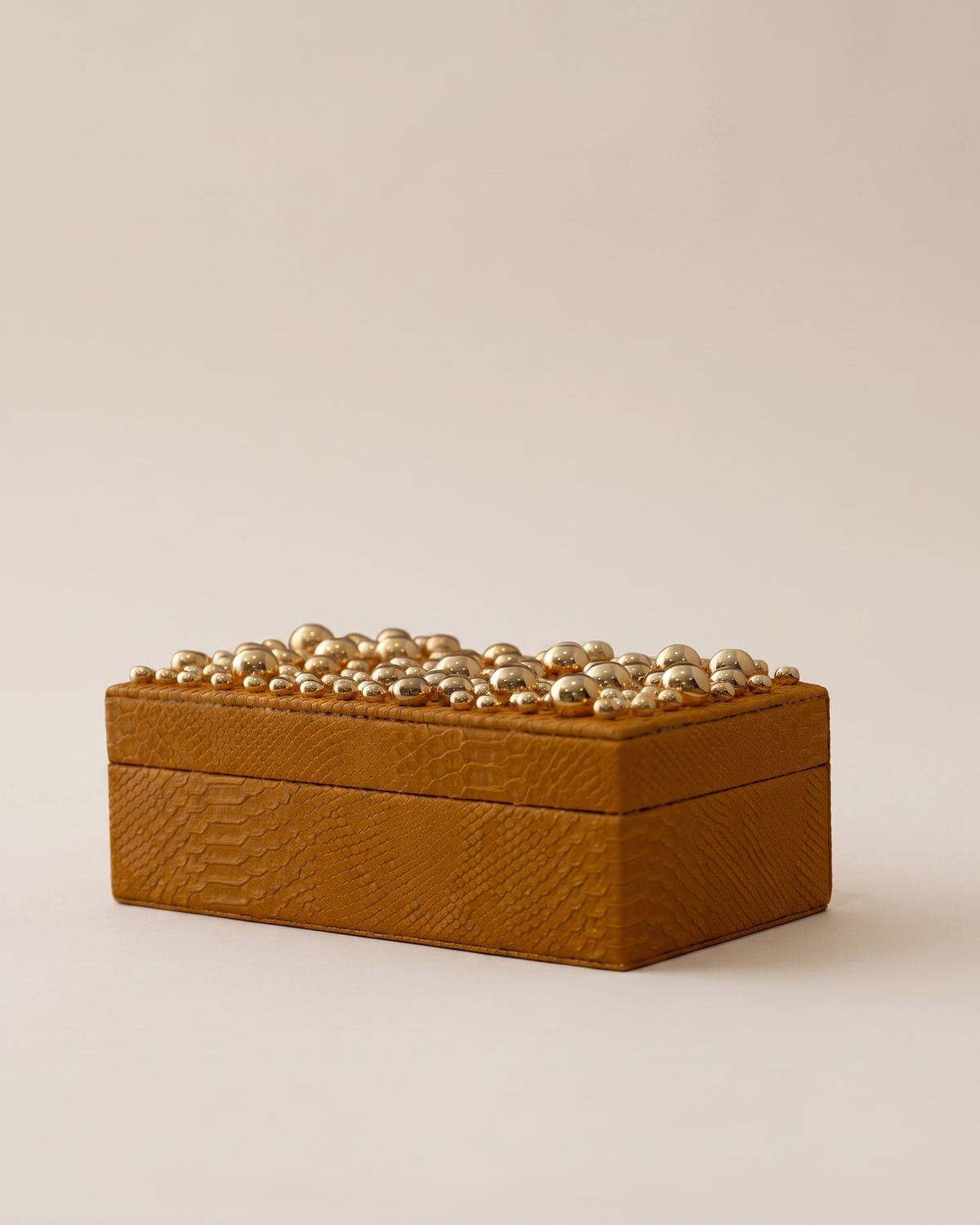 Textured Mustard Leather Box With Brass Bead Top - studio view on ivory background