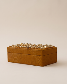 Textured Mustard Leather Box With Brass Bead Top - studio view on ivory background