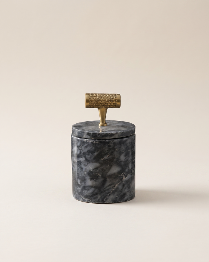 Textured T-Bar Black Marble Jar with Brass Detail – Modern Decorative Container