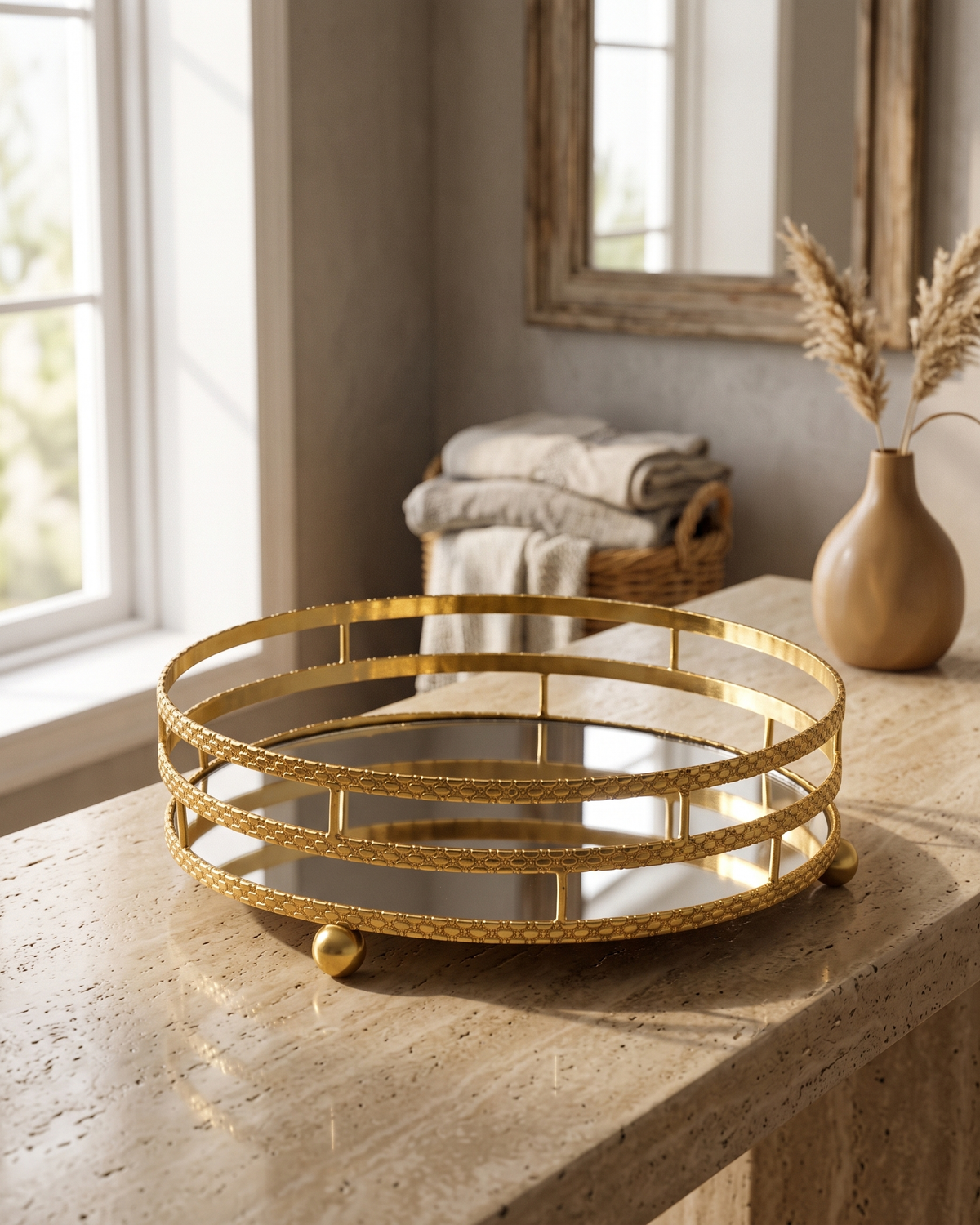 Three-Tier Round Mirrored Brass Tray, Gold (One Piece) styled in a warm interior