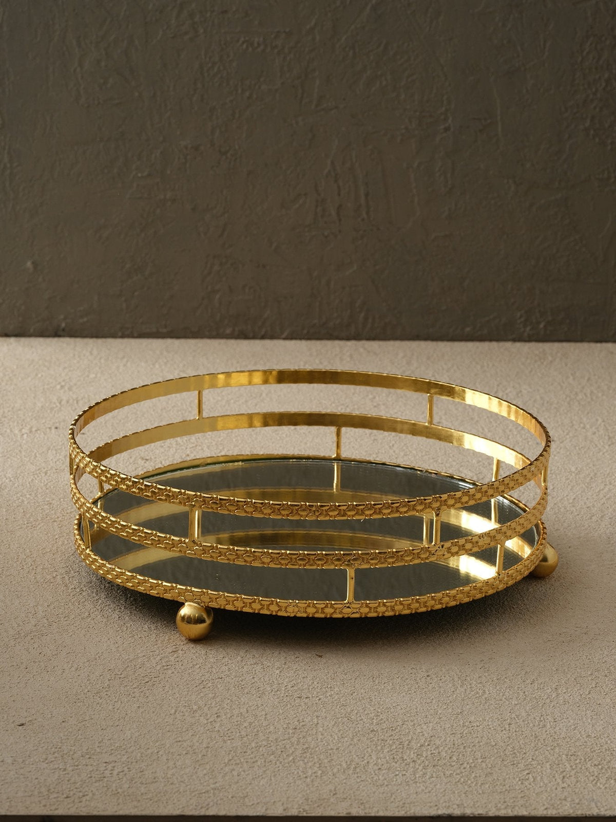 Three - Tier Round Brass Tray with Mirrored Base & Woven Detailing – Gold Finish - Alfiq's Store