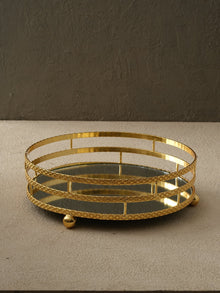 Three - Tier Round Brass Tray with Mirrored Base & Woven Detailing – Gold Finish - Alfiq's Store