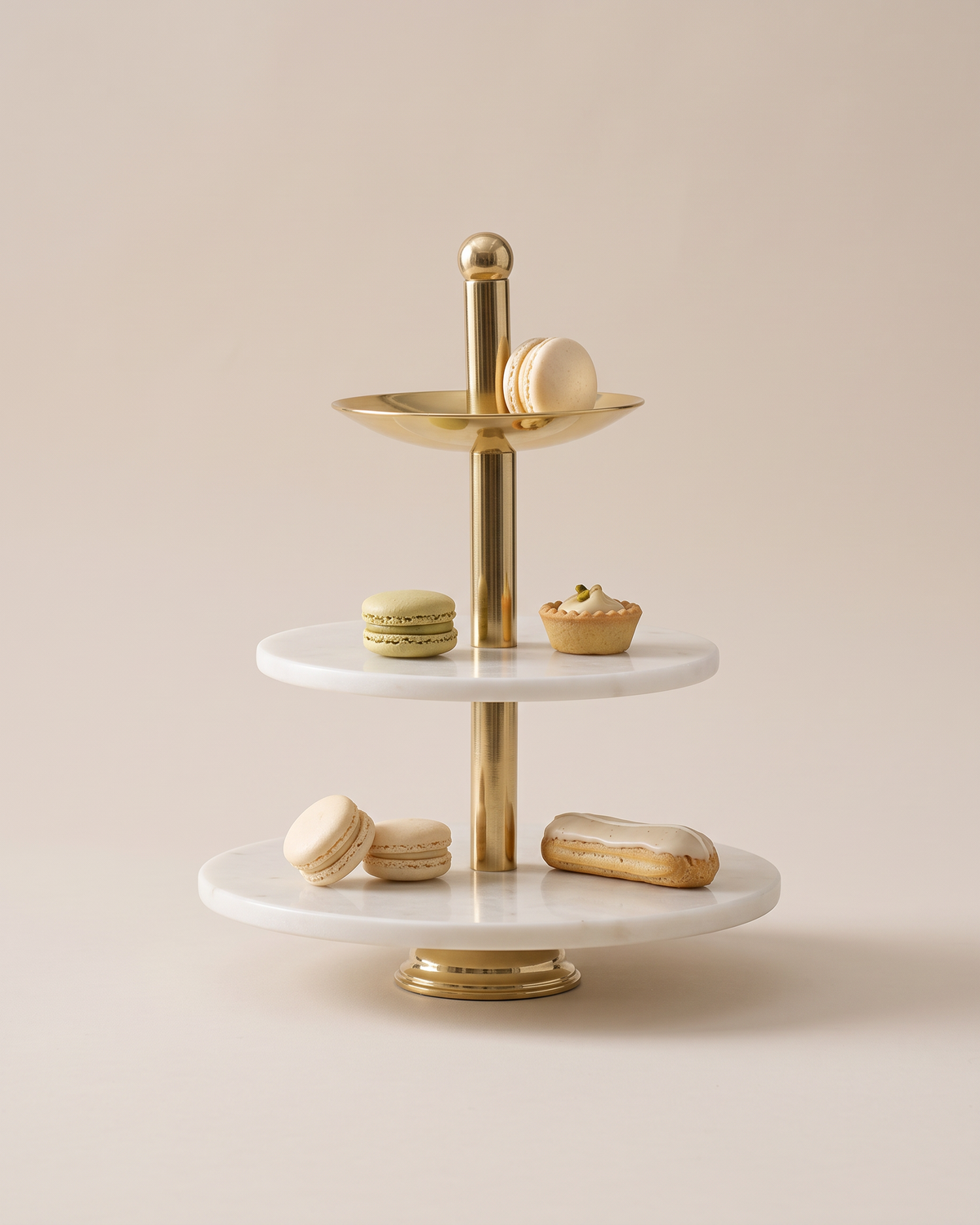 Three-Tier White Marble Serving Stand, Gold (One Piece) on a warm ivory studio background