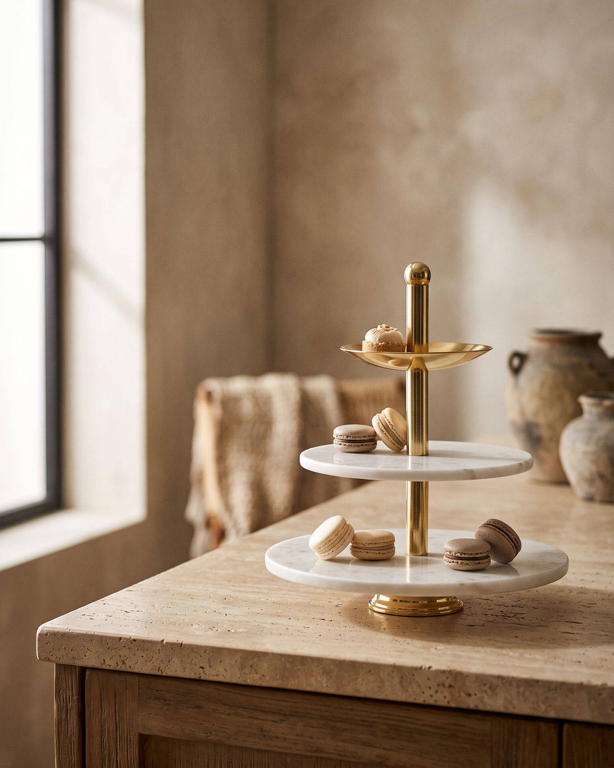 Three-Tier White Marble Serving Stand, Gold (One Piece) styled in a warm interior