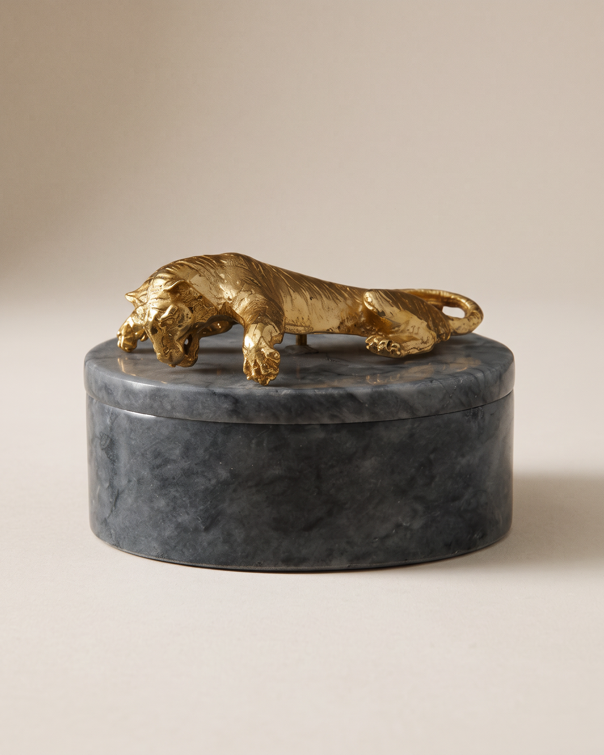 Grey Marble Box with Golden Tiger Lid (One Piece) on a warm ivory studio background