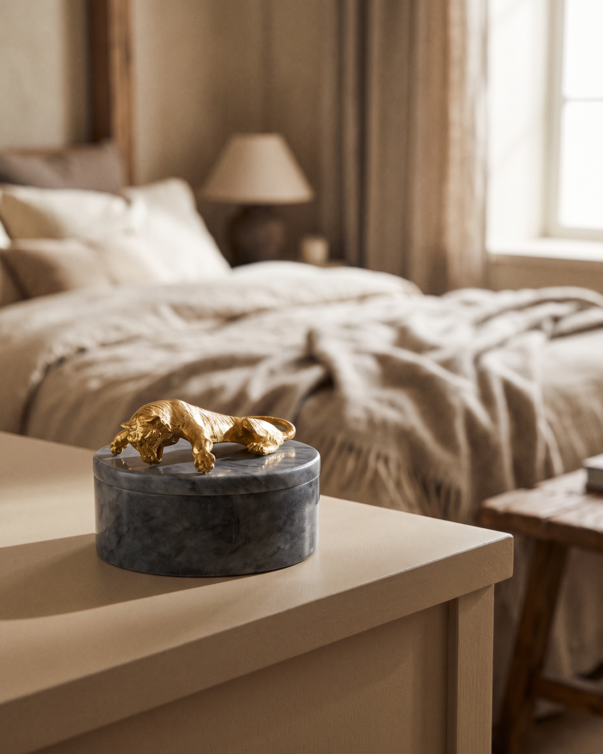 Grey Marble Box with Golden Tiger Lid (One Piece) styled in a warm interior