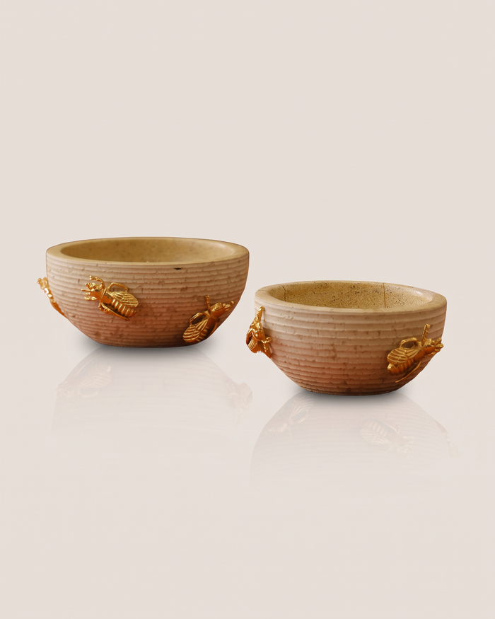 Travertine Bowls with Gold Bees (Set of 2)