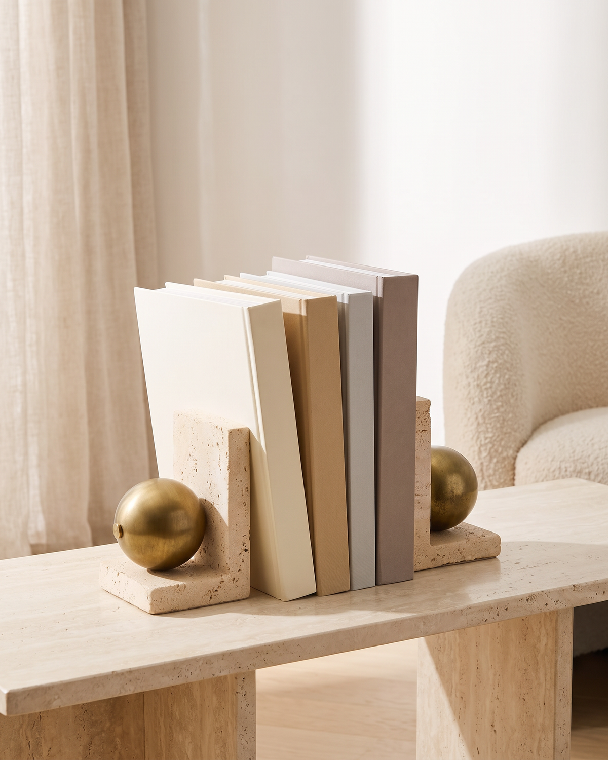 Travertine Book Stand with Brass Sphere - styled on a travertine console holding plain books