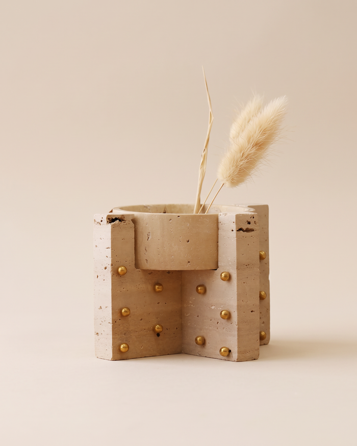 Travertine Vessel with Brass Studs (One Piece)