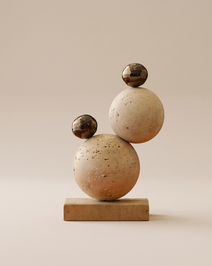Travertine Double Orb Sculpture with Brass Accents (One Piece)