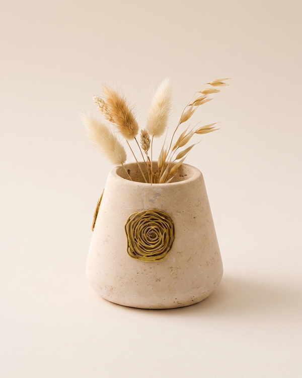 Travertine Droplet Vase with Brass Accent