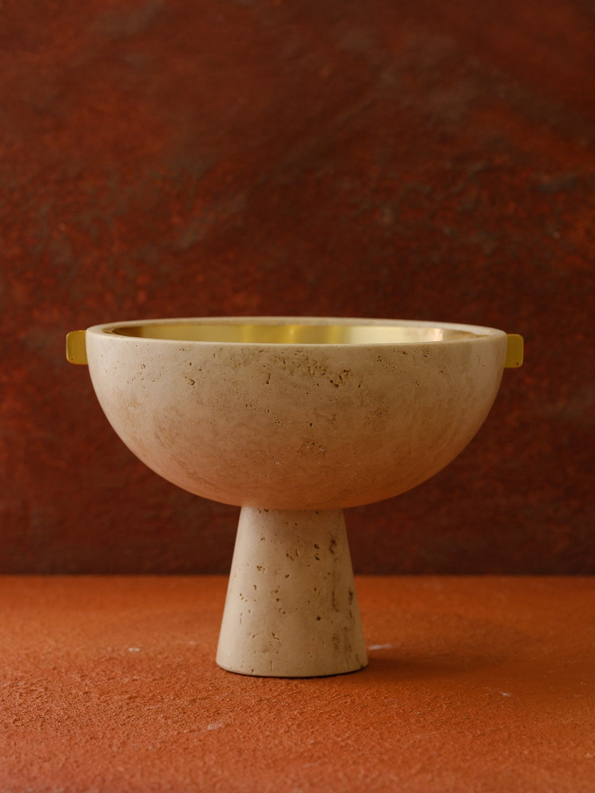 Travertine Pedestal Bowl – Natural Stone with Brass Handles - Alfiq's Store